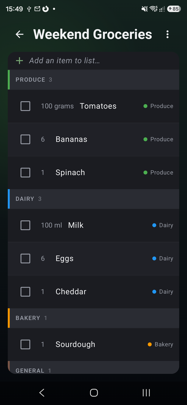 The Shopping List app showing a 'Weekend Groceries' list grouped by aisle on an Android phone